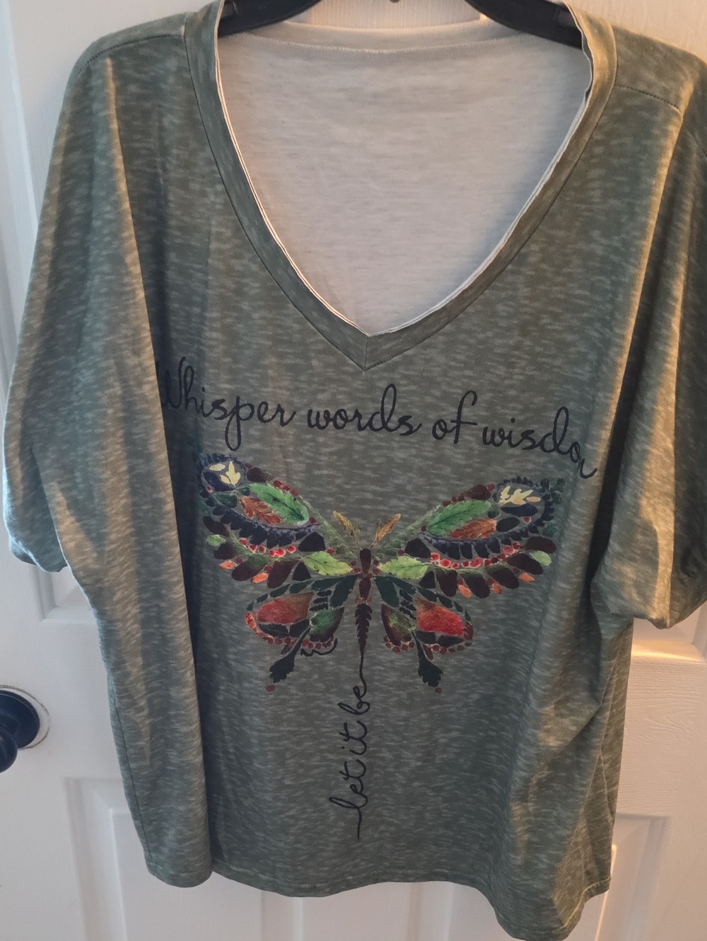 Olive Green V-Neck Butterfly Graphic Tee